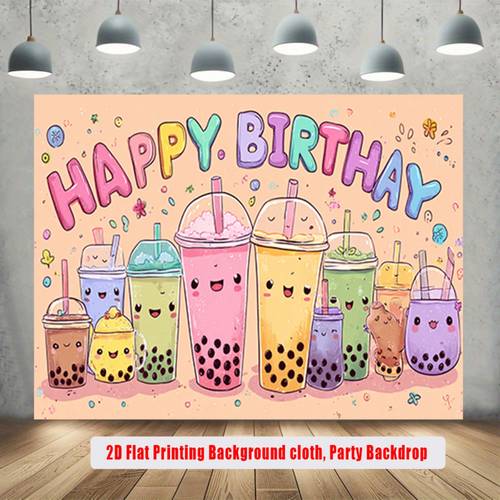 artikel foto 2d plat, 2d plat - 2d plat, 2d plat - 2d plat banner, 1 stuks kleurrijke happy birthday achtergrond met leuke bubble tea dranken met gezichten, speelse confetti en bloemaccenten, perfect voor vrolijke verjaardagsfeestjes, familiebijeenkomsten