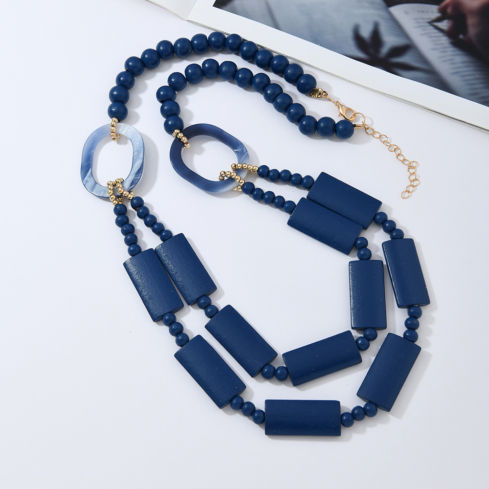 New Style Geometric Square Wooden Beads Handmade Beaded Long Necklace Women's Accessories