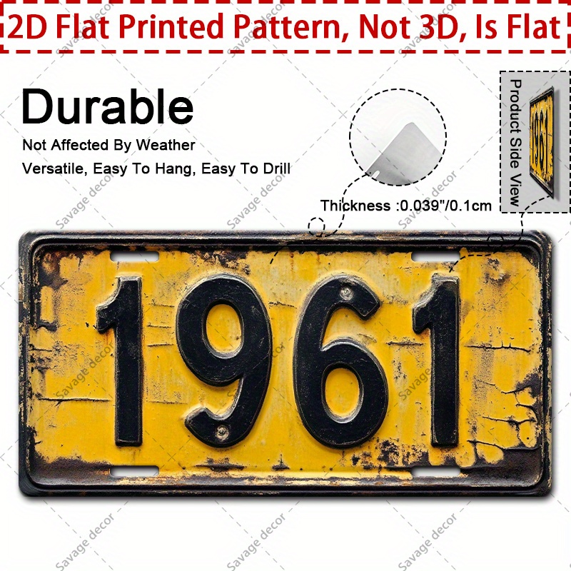 TEMU 2d Flat - A 2d Flat Vintage 1961 Aluminum Metal Sign - 30.48 Cm X 15.24 Cm Rustic Wall Decor With Pre-drilled Holes, Featuring A Distressed