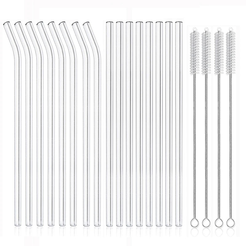 TEMU Set Of 16 Reusable Glass Straws And 4 Cleaning Brushes, Clear Glass Straw Measuring 20cm By 0.8cm, Includes Bent And Straight Options, Perfect