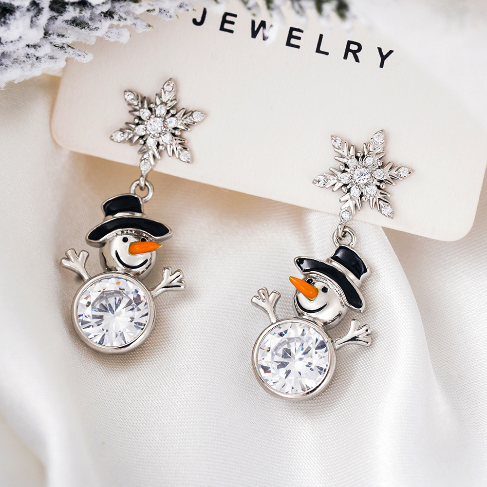 Image of A Pair Of Dangling Earrings For Women, Featuring Cute And With Synthetic Zirconia Snowmen, Snowflakes, And Reindeer, Perfect For Christmas Parties, Dates, And As Exquisite Holiday Gifts
