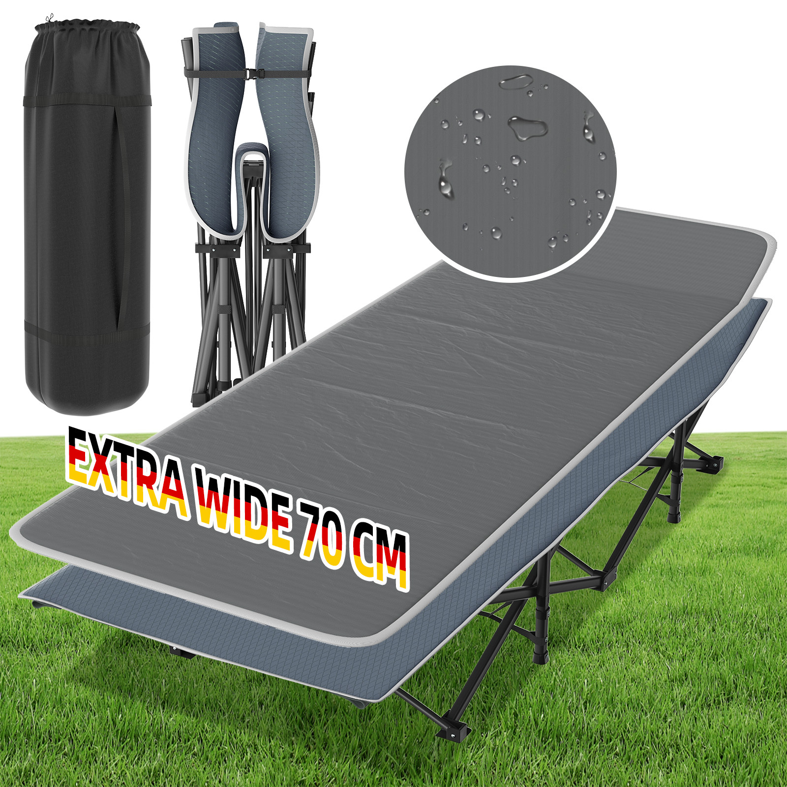 Aweioo Folding Camp Bed With Mattress, Garden Lounger, Guest Bed With Side Pocket And Carry Bag For Garden, Holidays, Office, Outdoor And Indoor Use, 190x70x35cm, Up To 250kg