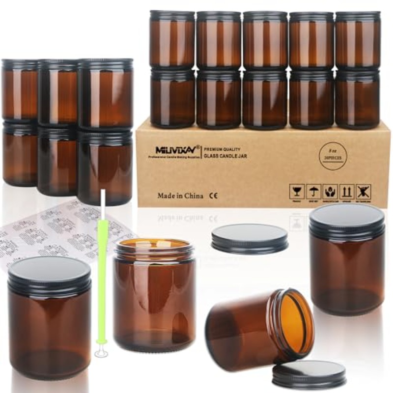 20 pack 8 oz thick glass   candle jars with all black metal lids bulk empty candle jars for making candles canning jar for spice liquid sample dishwasher safe