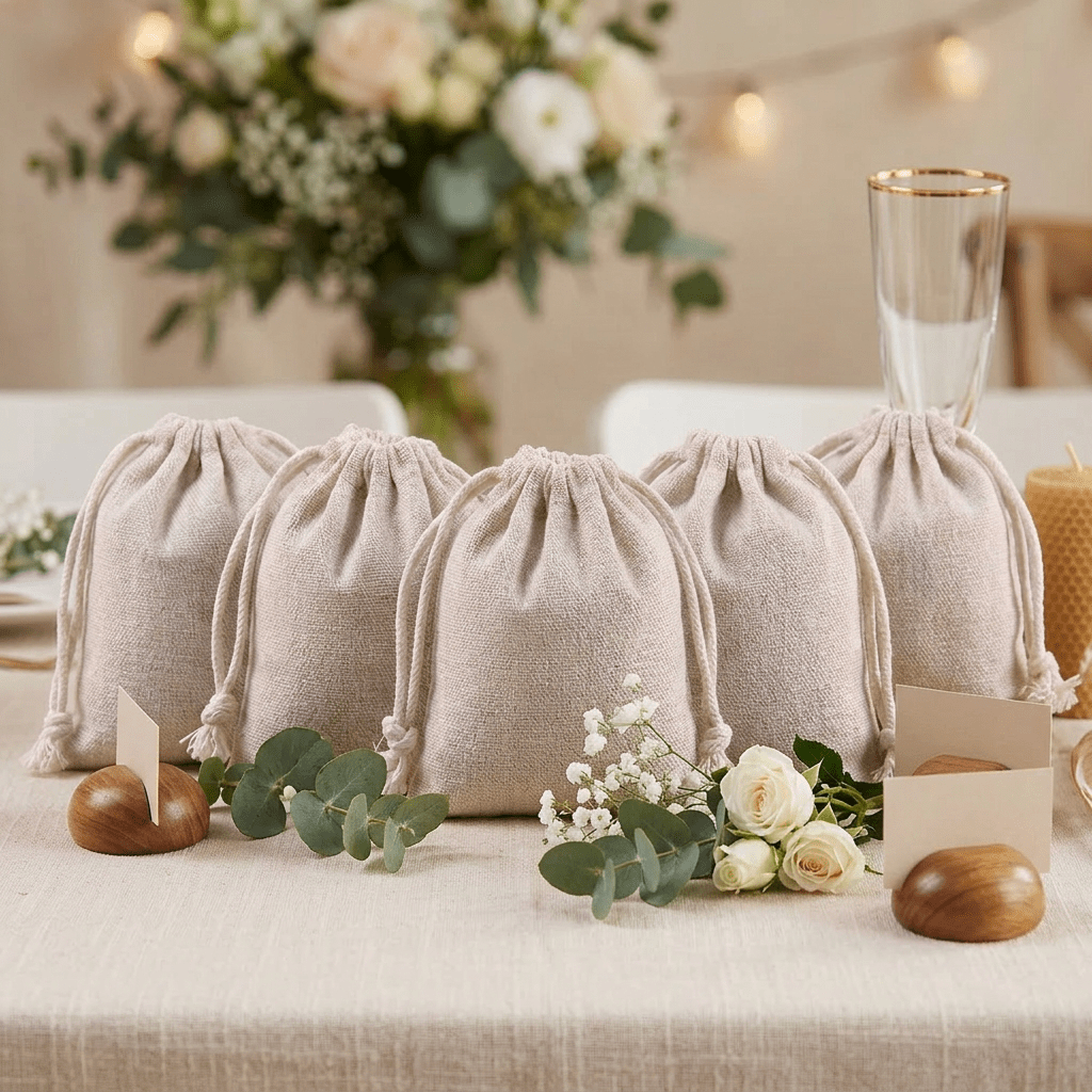 24pcs Beige Fabric Drawstring Pouch Set, Gift Bags