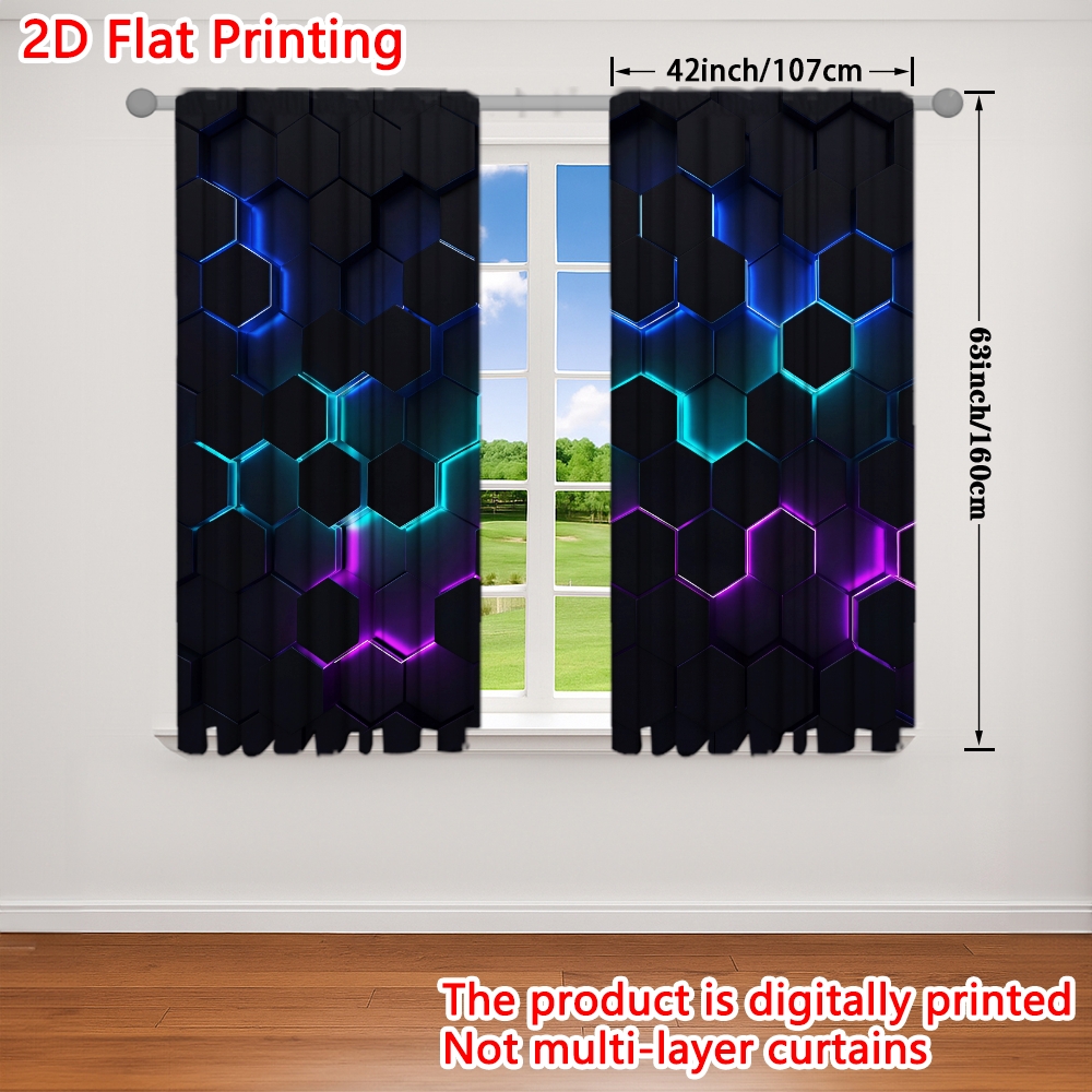 TEMU 2d Flat - 2d Flat - Set Of 2 Neon Glowing Hexagonal Design Curtains, Featuring A Rod Pocket For Easy Hanging. Semi-blackout Polyester Curtains