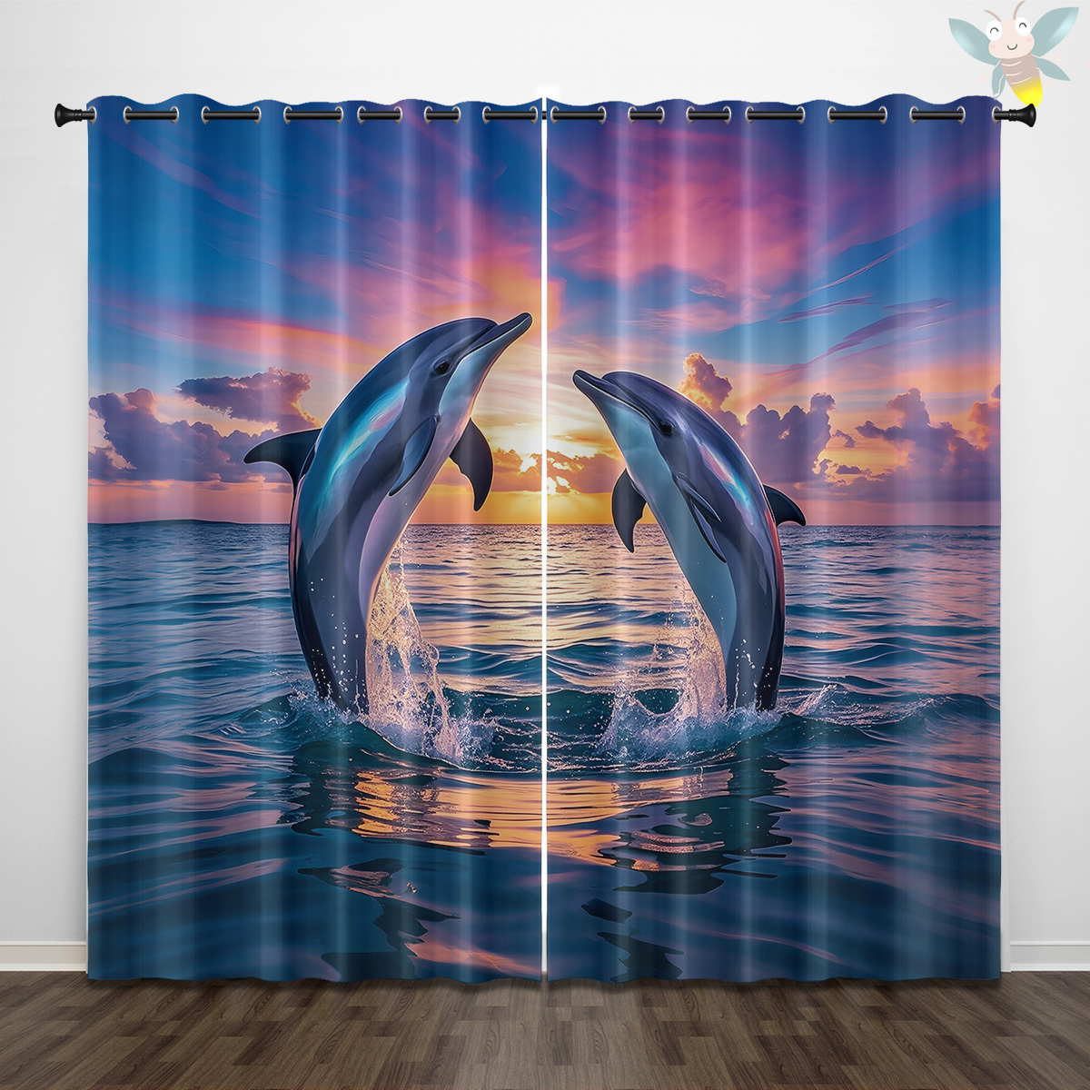 TEMU 2pcs Dolphin Pattern Digital Printed Curtains Living Room Curtains, Partition Curtains, Indoor And Outdoor Partition Curtains, Bedroom Curtains,