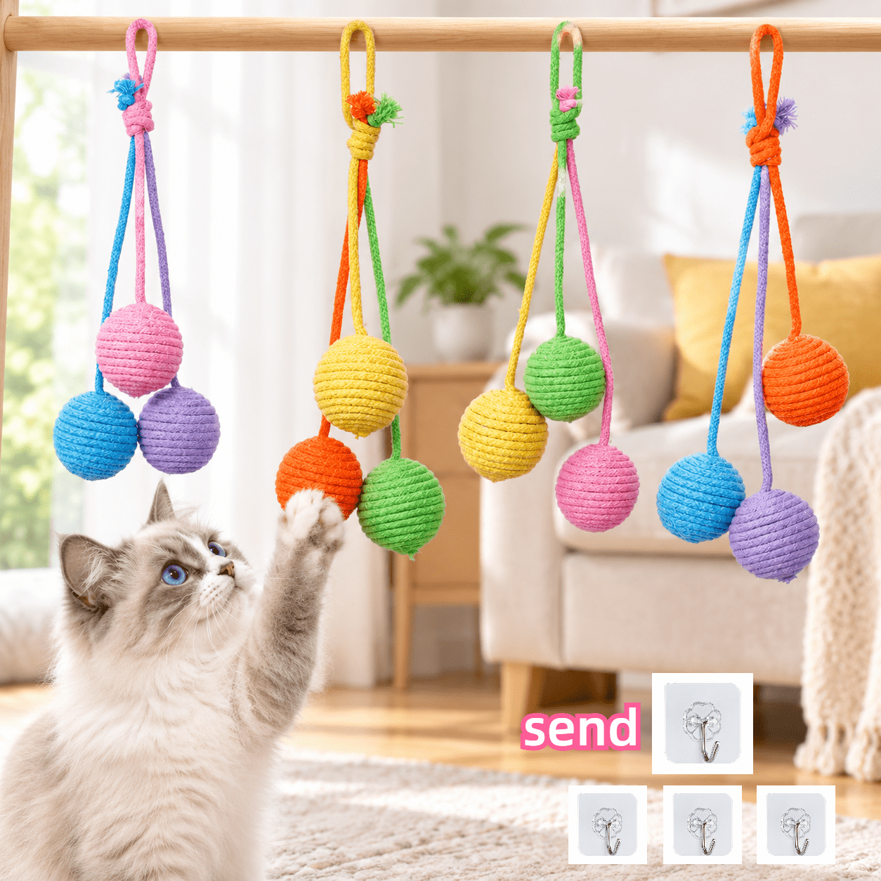TEMU Jouets de chat 4 pièces avec 4 crochets de suspension, balles de corde, à mâcher durable, attirent l'attention du chat, offrent un jeu amusant,