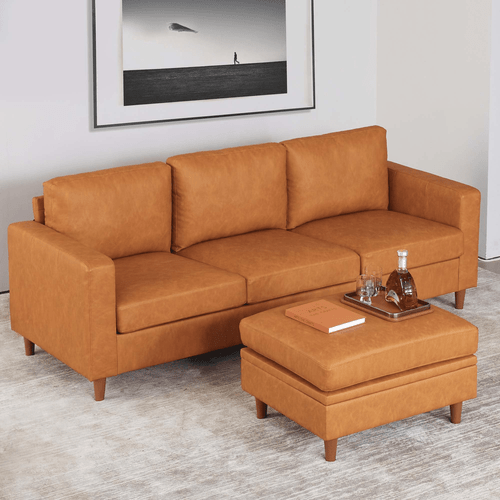 elementool modular ottoman for sectional sofa pu leather upholstered ottoman with storage square stool with thick cushion vintage rest for living room bedroom apartment orange