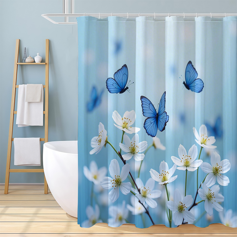 TEMU 1 Blue Butterflies And White Flowers Pattern Printed Shower Curtain, Fresh - Style Home Decor Shower Curtain, Including 12 Hooks, Suitable For