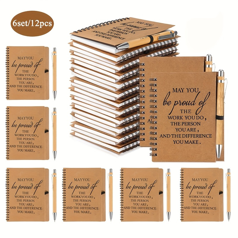 TEMU 12pcs Sets Include 6 Bamboo Pens And 6 Pocket-sized Inspirational Notebooks. Suitable For Office Employee Gifts, Volunteers, Nurses, Teachers'