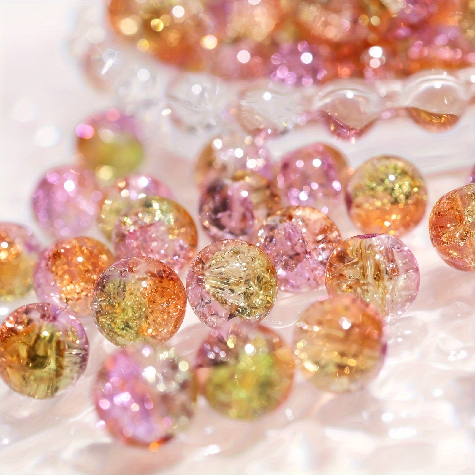 TEMU stuks Kralen & Kralensets, 8mm Gradiënt Sneeuwvlok Gebarsten Glaskralen - Geel & Roze, Losse Afstand, voor DIY Sieraden Maken en Knutselen