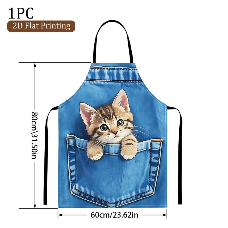 TEMU 1pc Unisex Large Apron, Cute Kitten In Printed Charming Back-tie Design Polyester Apron For Cooking And Baking Suitable For Home Cooks And Pet