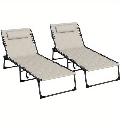 folding chaise lounge set reclining back with padded seat side pocket headrest durable metal frame khaki fabric for beach yard patio lightweight portable