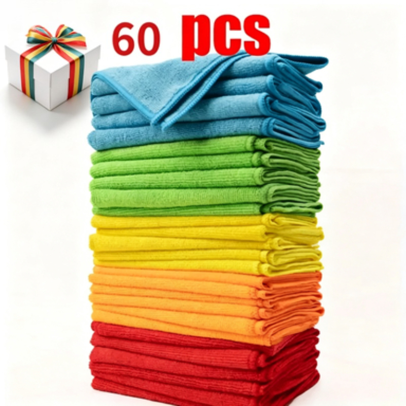 TEMU 60pcs, Microfiber Cleaning Towels, Reusable Cloths - Absorbent, Durable, Quick-drying, Suitable For Kitchen, Yard, And Commercial Cleaning,