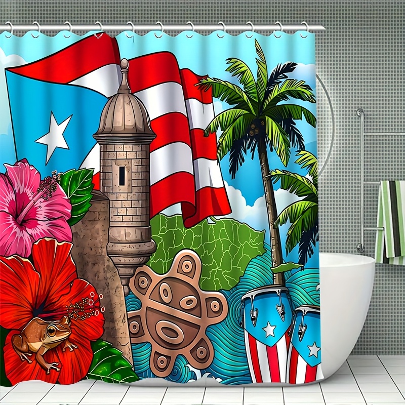 TEMU 1 Or 4pcs Bathroom Shower Curtain, Puerto Style, Set Including Non-slip, U-shaped Toilet, Toilet Seat Cover And 12 Hooks, Bathroom Decor -