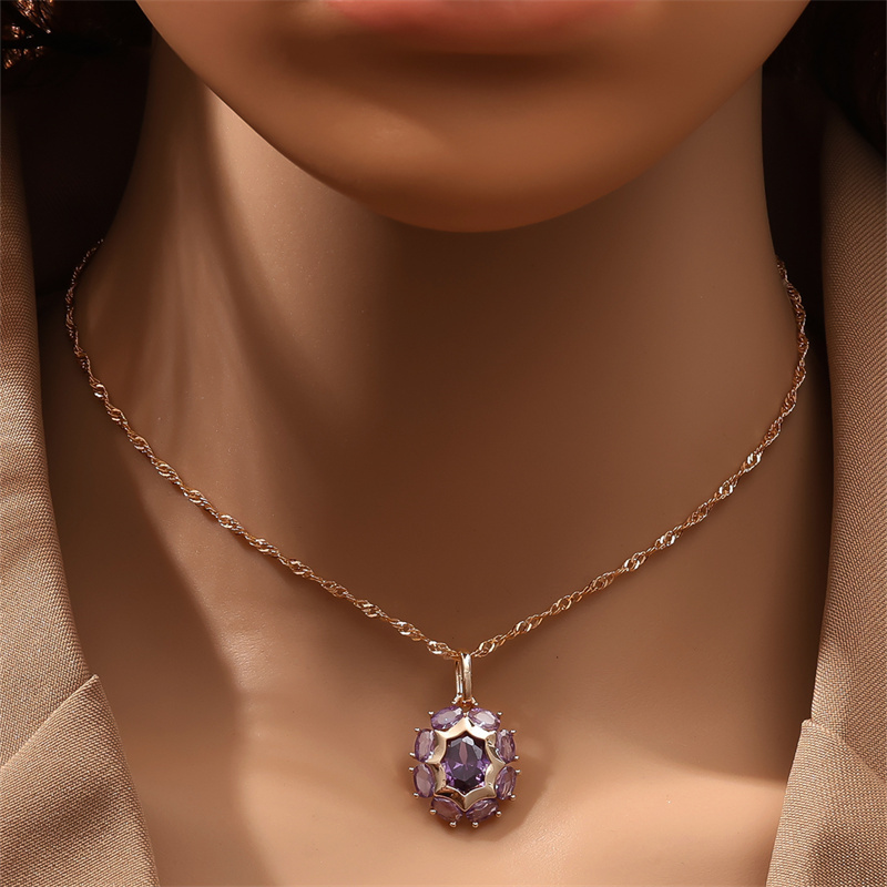 

Luxurious Golden Oval-cut Purple Zirconia Pendant Necklace - Stackable, Elegant Wedding Jewelry Gift, Winter, New Year