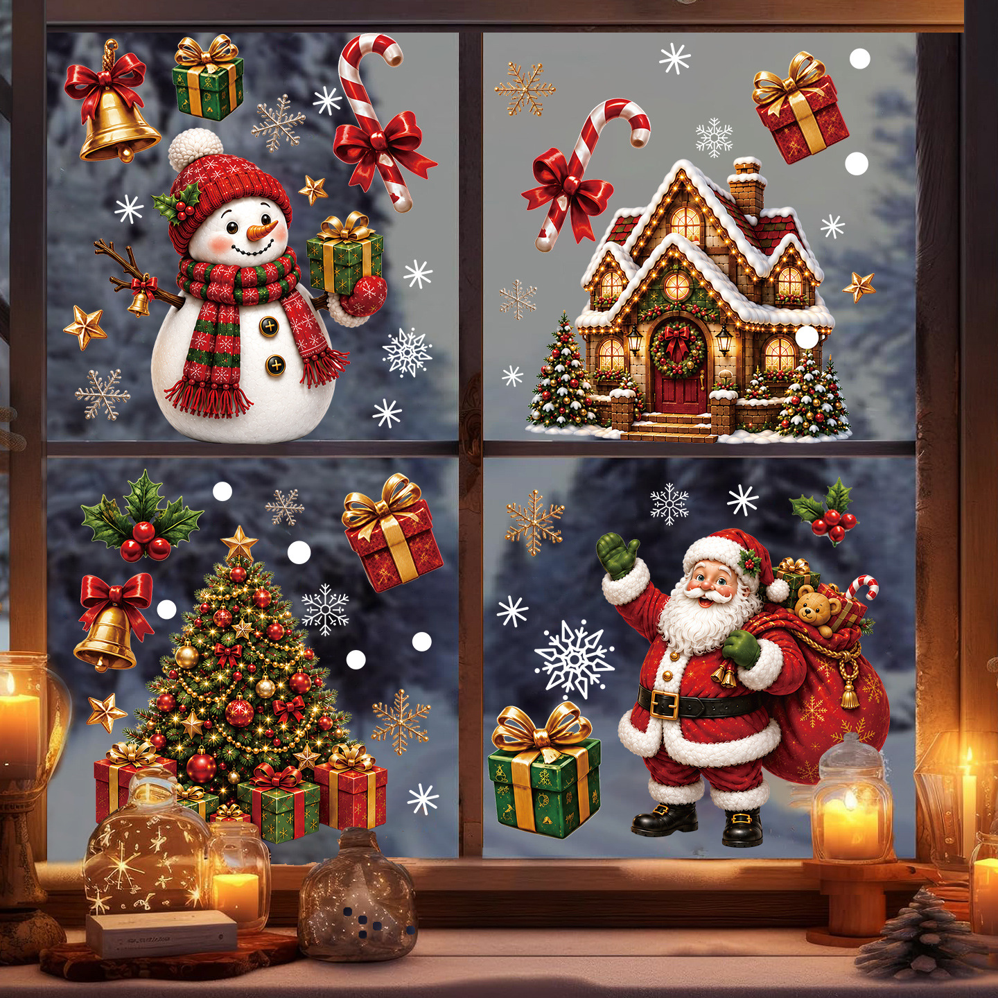 TEMU 4 Sheets Christmas Static Clings: Santa Claus And Reindeer- Holiday Party Decorations