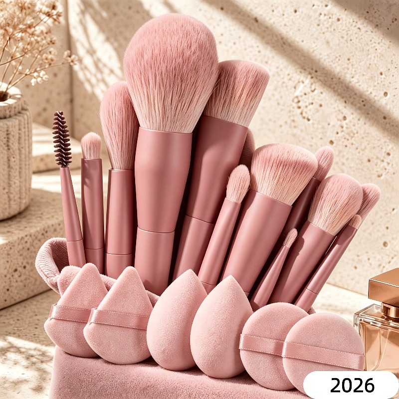 Complete 16pcs Makeup Brush Set (Including Storage Bag And 2pcs Makeup Sponges), Full Set Base Makeup