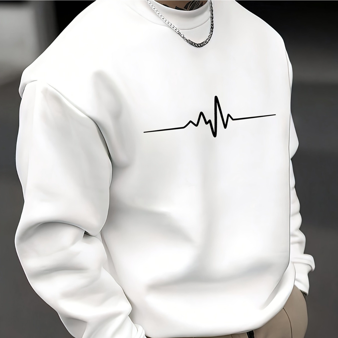 

Men's Casual Cotton Sweatshirt With Ekg Line Graphic - Soft, Loose Fit, Round Neck, Machine Washable - Ideal For Autumn & Winter, Everyday Apparel|sporty Look|cotton Knitwear