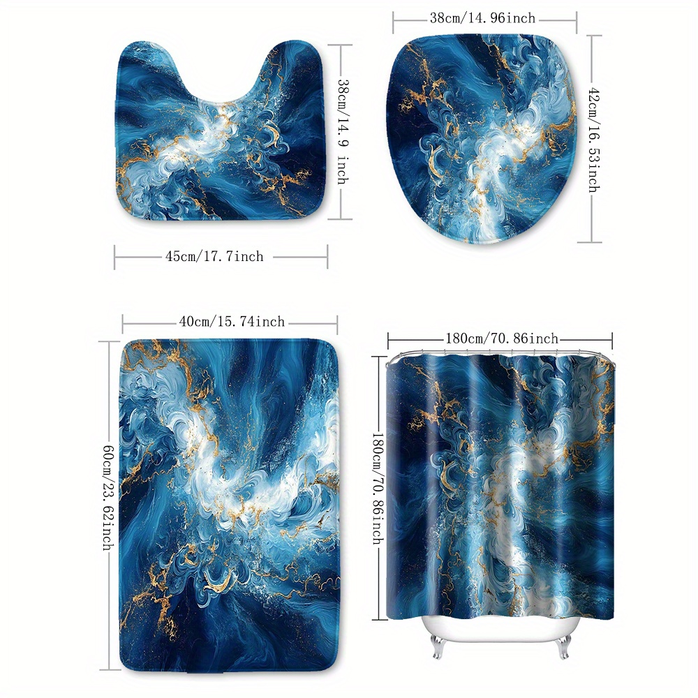 TEMU 4pcs Blue White Golden Fluid Texture Printed Shower Curtain Set With Plastic Hooks And Toilet Bath Mat, Suitable For Machine Washable Bathroom