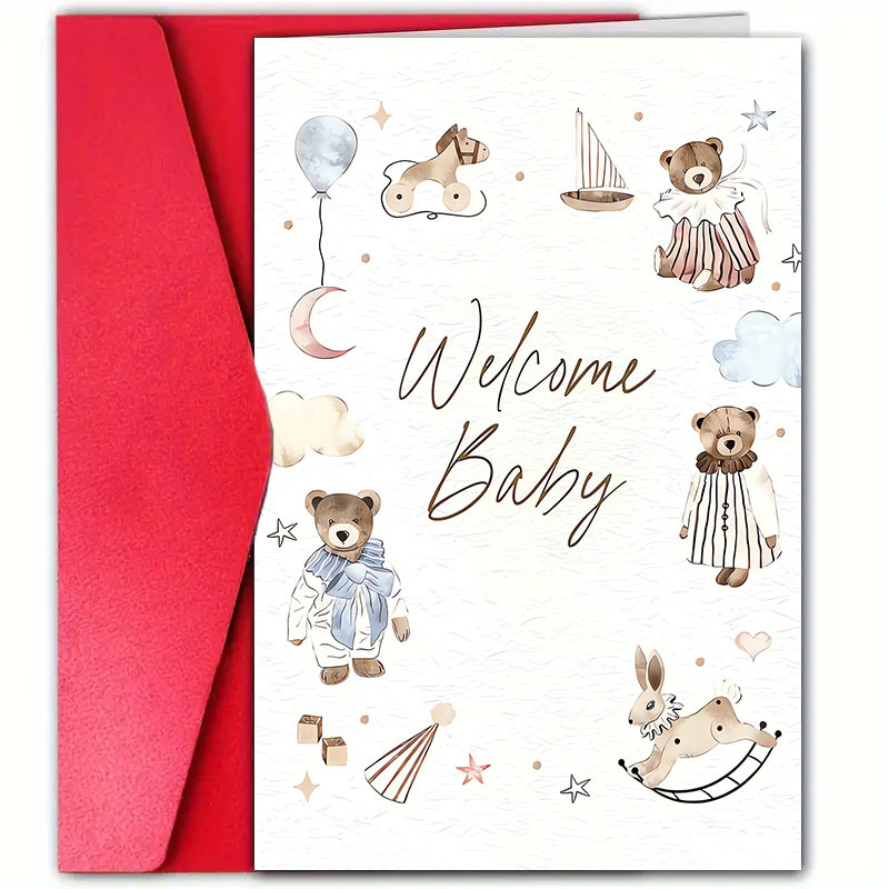 

1pc Adorable Baby Shower Greeting Card With Envelope, Universal Welcome Newborn Card For New , Family, Friends - 12cm X 18cm Paper Card For Birth Announcement And Baby Celebration