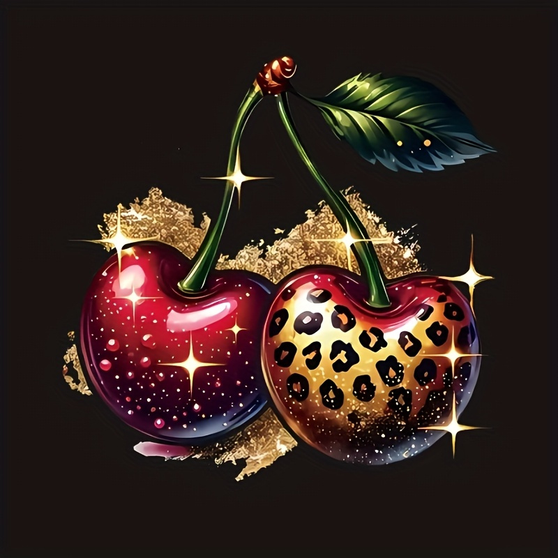 TEMU 1pc Sparkling Glitter Cherry Heat Transfer Decal With Leopard Print& Starry Night Design- Washable Iron-on Patches For T-shirts, Jeans, Masks,