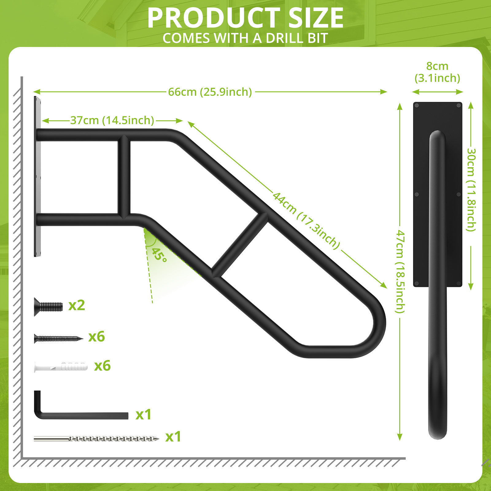 Image of Wall Mounted Stair Handrail 58cm 66cm U-shaped Metal Safety Rail For Steps Ideal For Patio Porch And Entryway In Black