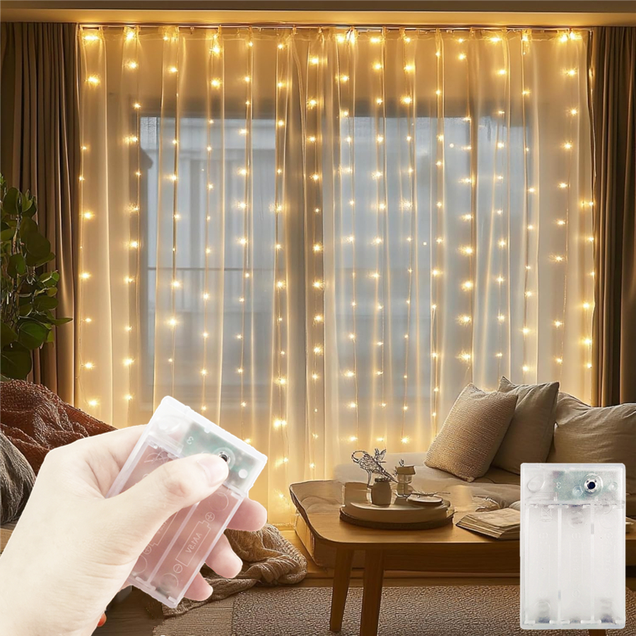 TEMU Cortina de luces de con 200 LED, 9.8 X 6.5FT, , batería, 8 , luces colgantes para Navidad, Halloween, dormitorio, interior, , fiestas y