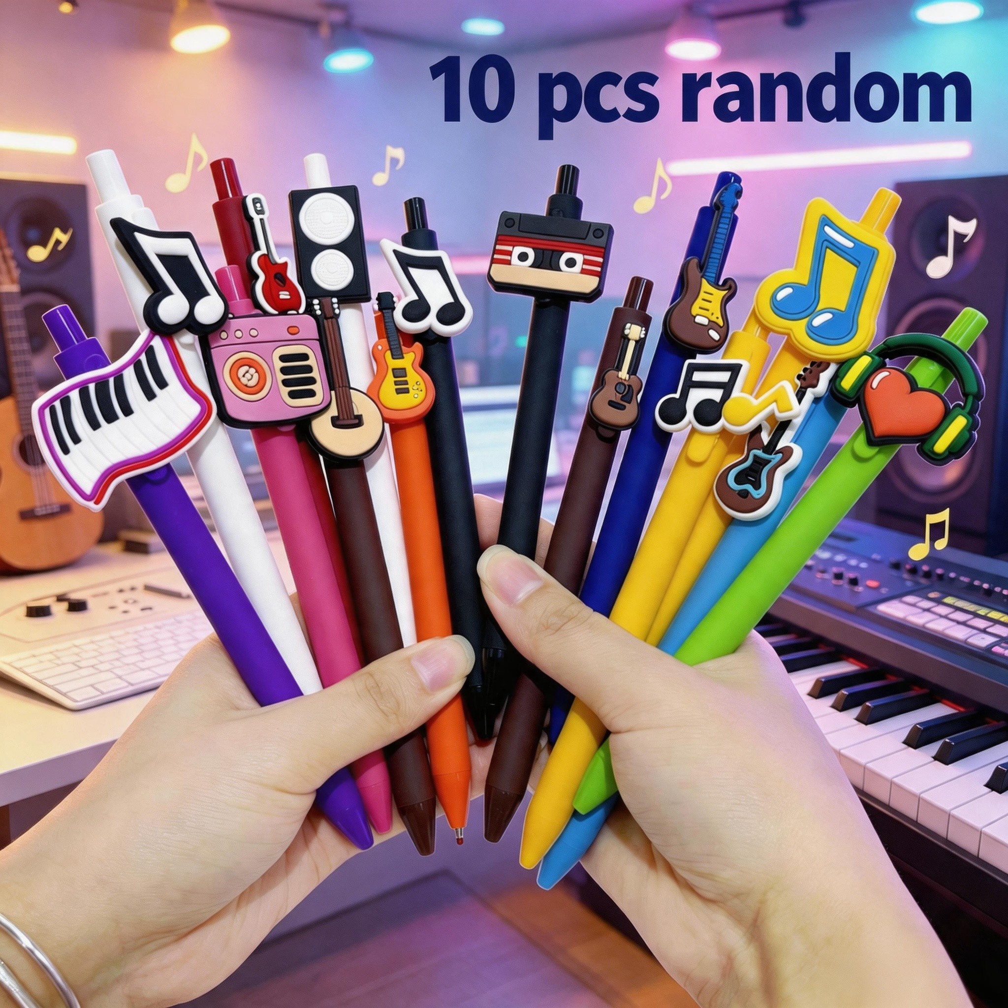 TEMU 10pcs Random Musical Instrument Gel Pens, Music Note Theme Retractable Click Type Writing Pens, Smooth Ink Stationery For Journal Office Daily