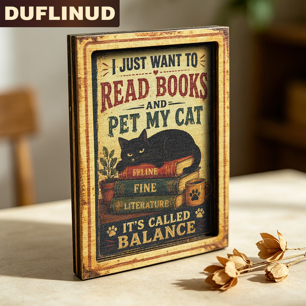 TEMU Aimants de réfrigérateur en bois DUFLINUD - Décoration vintage livre et chat avec , livres, motif tasse de café, mini décoration pour porte de