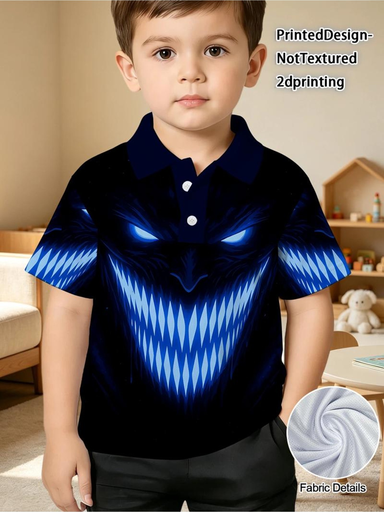 Artikelbild printeddesign-nottextured 2d-druck, jungen- -shirt, polyester, mischfarbe, mehrere spezifikationen, leuchtendes muster mit blauäugiger figur, unheilverkündender & beunruhigender stil,   für den   & freizeitkleidung, bequemer & leichter stoff, trendiges design