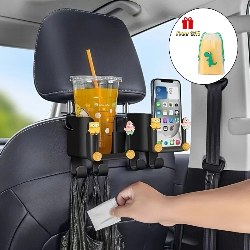TEMU 2-pack Multi-functional Car Seat Back Organizer, Includes 1 Cute Dragon Drawstring Pouch With Cup Holder, Phone Holder, And Hooks; Durable And