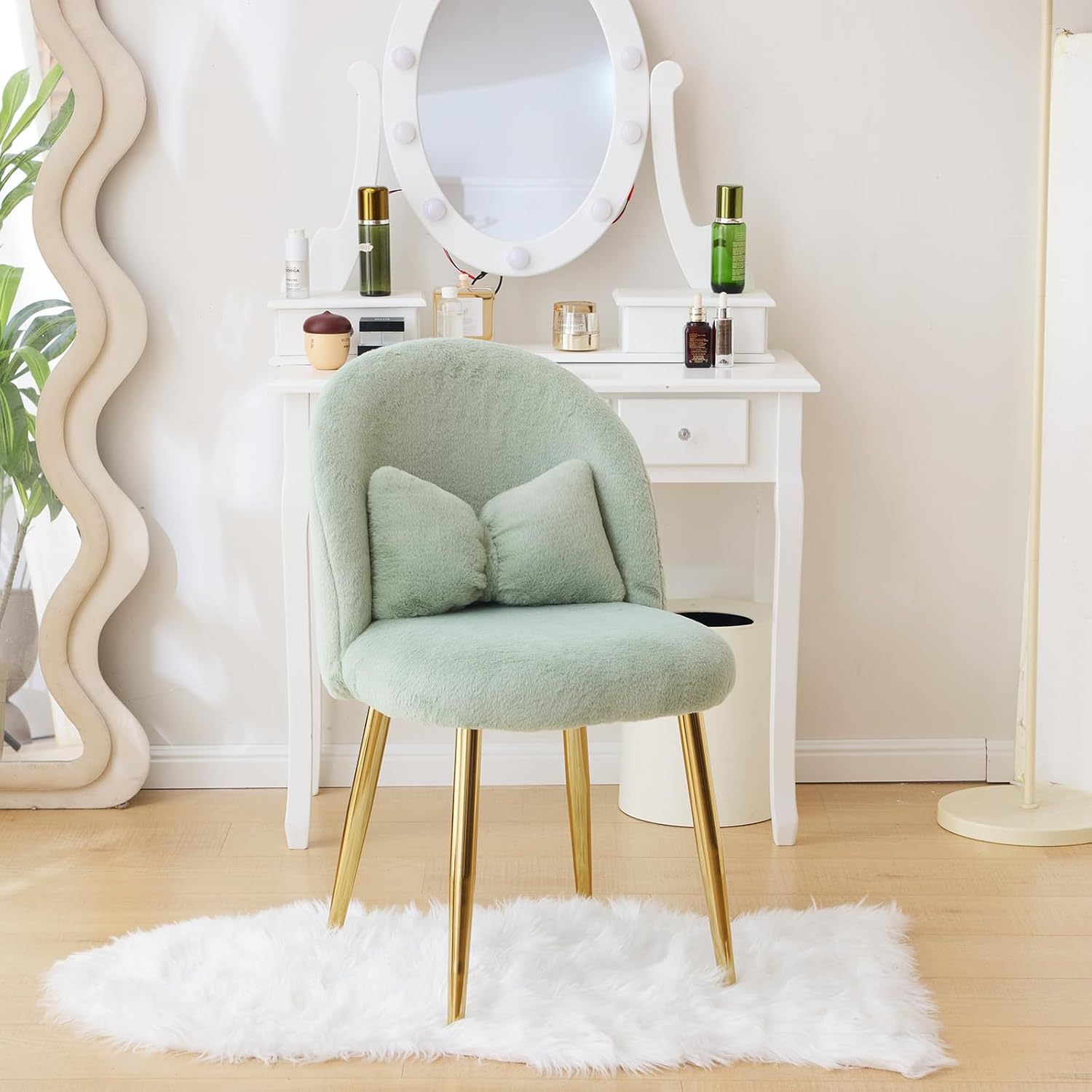 Girls Vanity Chair with Backrest, Small Lounge Chair Without Wheels, Comfy Chair with Bow Cushions, Makeup Chair with Adjustable Golden Legs, Comfortable Chair for Bedroom, Living Room, Small Space