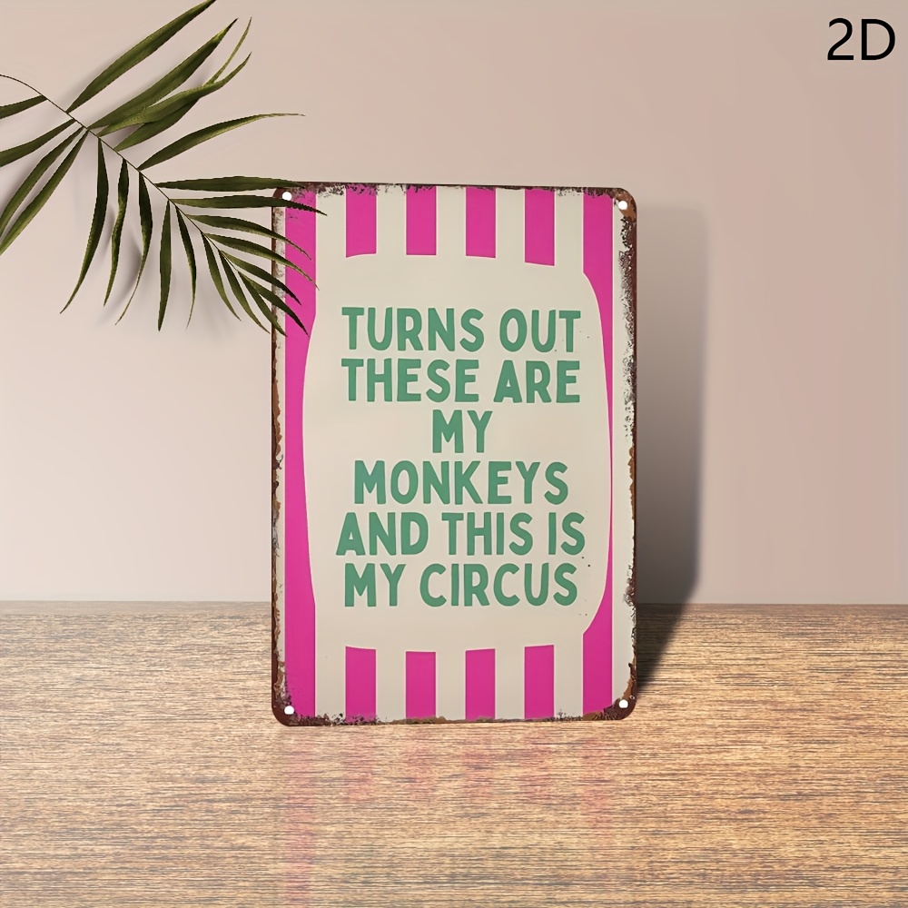 TEMU 2d Flat - Vintage Metal Wall Art " Are My Monkeys, , " With And Cream Stripes, Turquoise Text- Vintage Wrought Iron Decoration, Suitable For