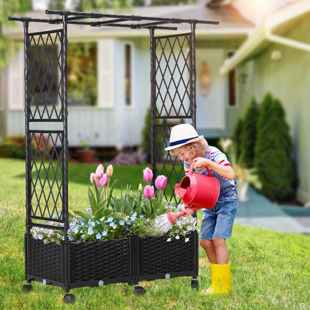Planter with Trellis, 4.5ft Trellis Planter Self-watering Box with Wheels  for Outdoor Plants, Garden Decoration, Tomato Flower Vegetable Herb *  Patio, Plastic Raised Bed Trellis with Drainage Hole
