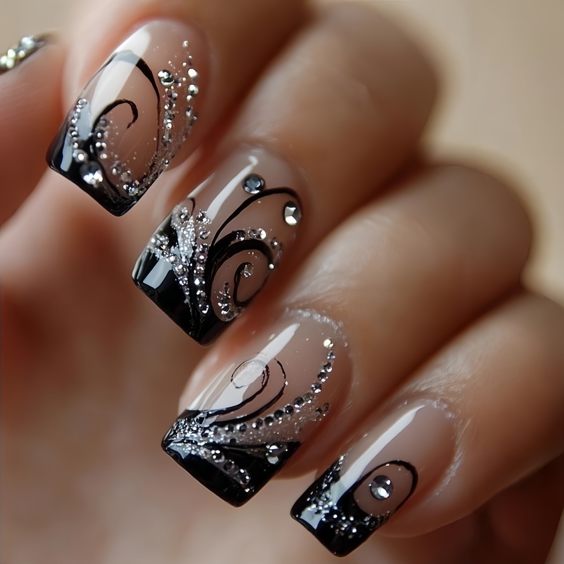 TEMU 48pcs Of Sparkling Glitter Medium Long European Square Nail Patches, Decorated With Wave Patterns And Sparkling Glitter Inlay, Suitable For Women