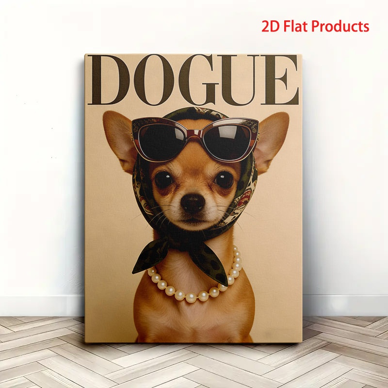 TEMU 2d Flat, 2d Flat, 1pc 2d Flat Decorative Painting With Wooden Frame, Multiple Specs, Stylish Chihuahua ( Design), Light Beige Background, Ready