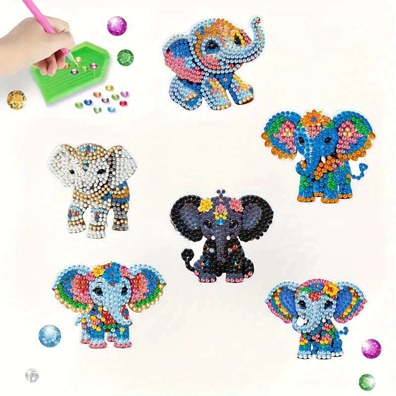 TEMU 2d Flat Elephant Painting Set, 6pcs Set Of Colorful Acrylic Round Diamonds Suitable Crafts On Refrigerators, Mailboxes, And Home Decor, 2d Flat