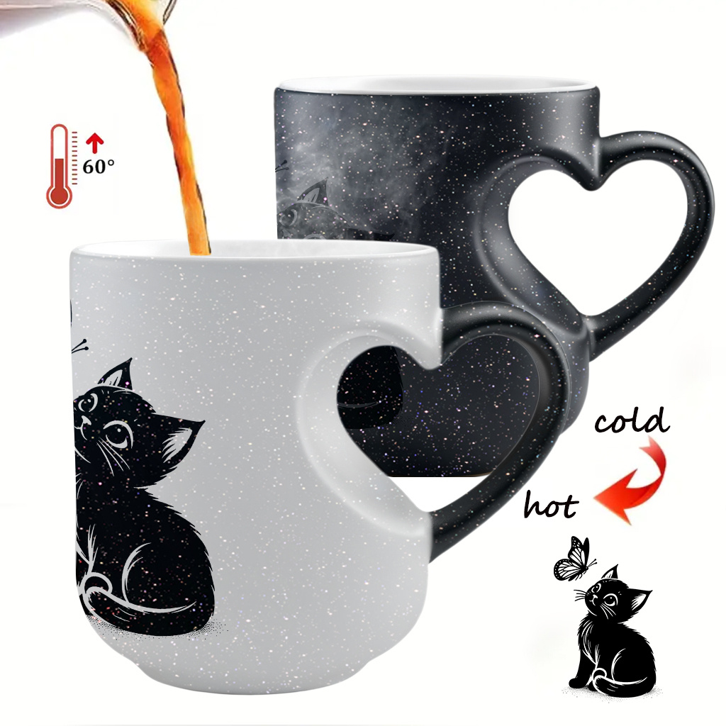 Image of Whimsical Cat & Color-changing Mug: Your Beverage With Sip!heat-activated Color Changing Mug Mug Thermosensitive Ceramic Mug, Heart Handle Mug, 11oz/ 330ml, Coffee Mug Christmas Gift For