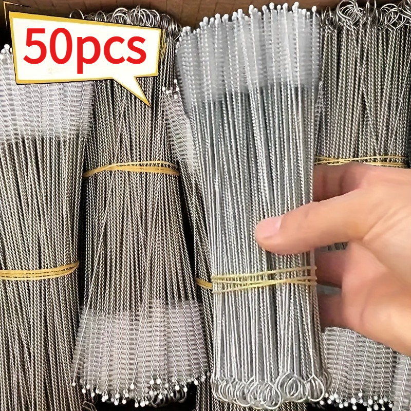 TEMU 50pcs Stainless Steel Straw Cleaning Brushes, Reusable And Durable With Long Handle, Easy-to-use For Cleaning Drinking Straws, Ideal For Home