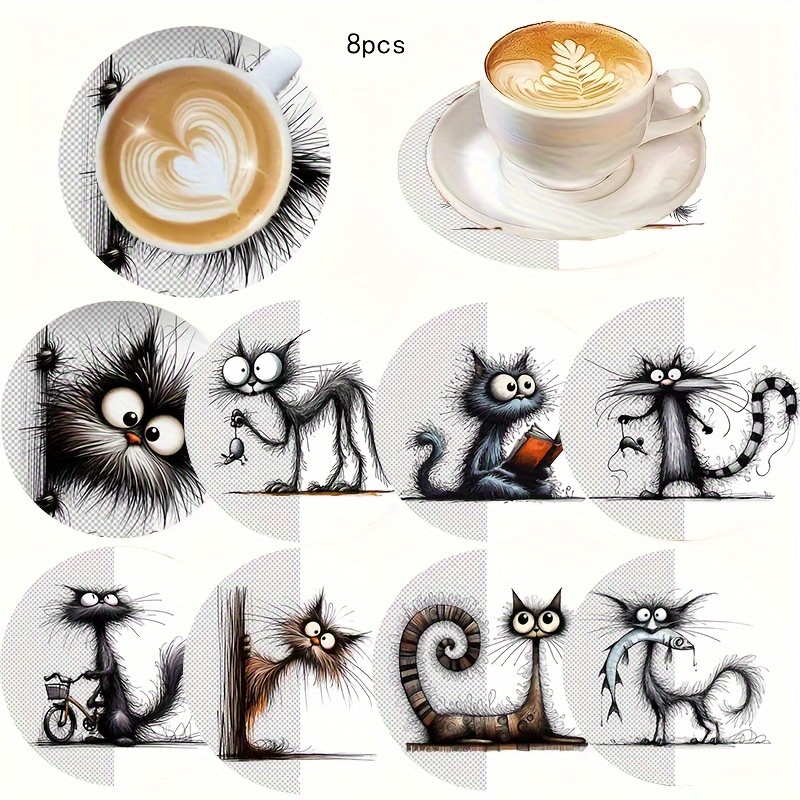 TEMU Set Of 8 Cartoon Cat Wooden Coasters- Cute Couple Heat Resistant Mats, Suitable For Home, Coffee Shop, Afternoon Tea- Suitable For Room