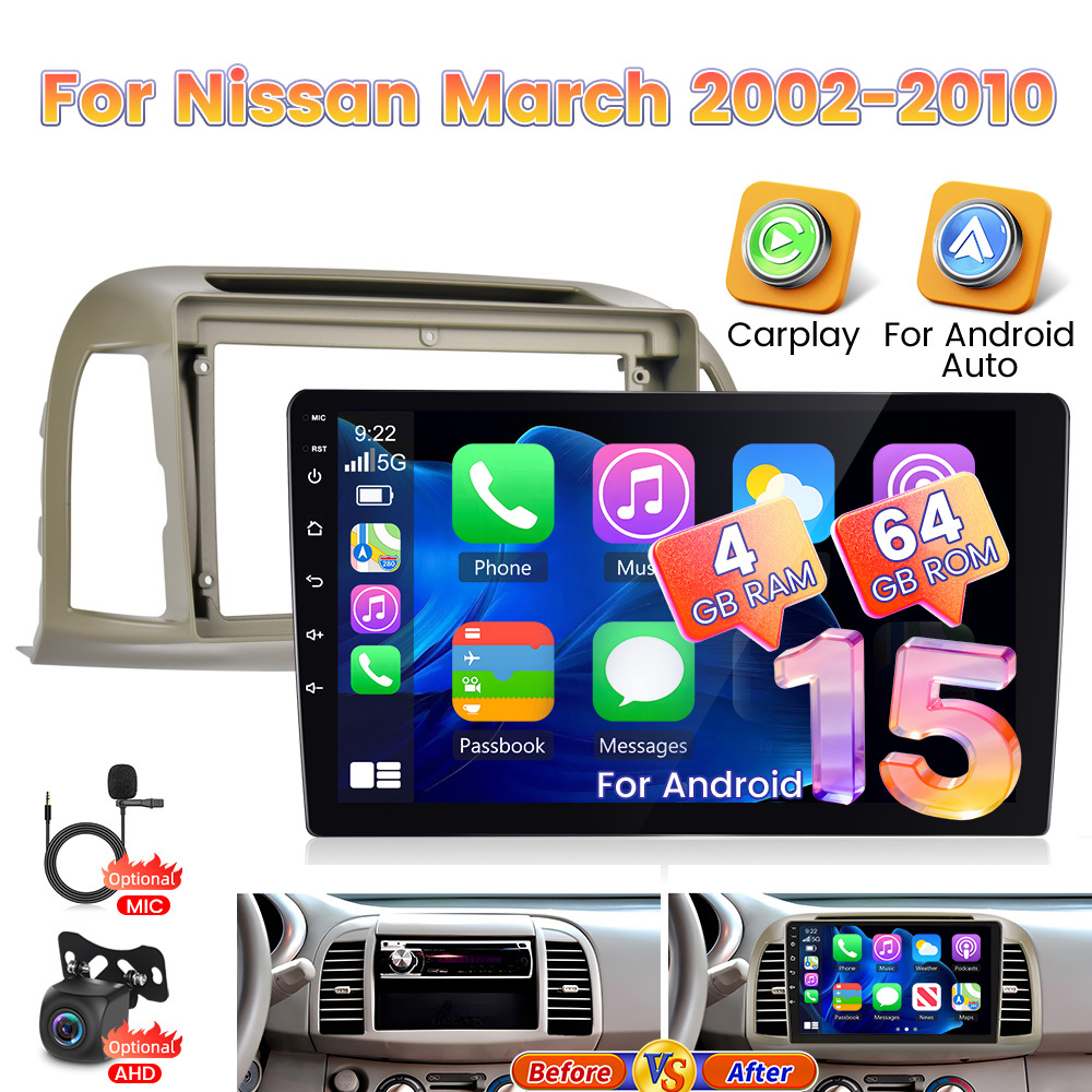 Image of 9 Inch 4+64g 15 Car Stereo For March 2002-2010 With , Auto, Touchscreen Gps Navigation, , , Wireless, Eq, Wifi, Rds, Fm, Swc, And A Reversing Camera Included As