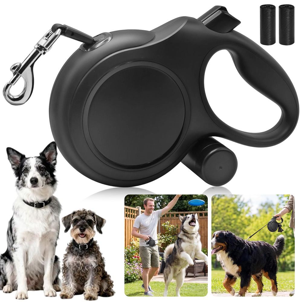 Image of 5m Retractable Dog Leash, Built-in Waste Bag Dispenser, Anti- , Smooth One-button Lock Design, Durable Sturdy Structure, Perfect For Daily Dog Walking, Outdoor Running And Pet Training