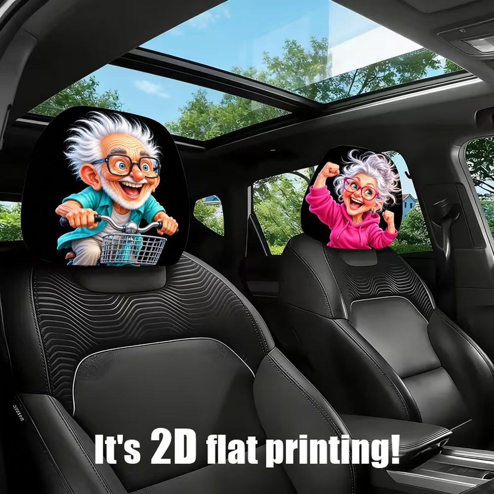 TEMU 2-pack Printed Car Headrest Covers Cartoon Grandpa Grandma Designs. Features A Stretchy, Universal Fit And Ideal Car Accessory. Fun Decor That