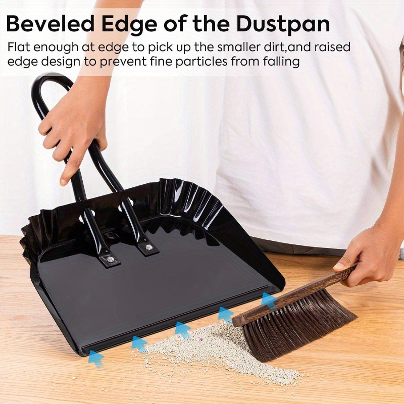 heavy-duty large 17-inch metal dust pan and brush set with ergonomic rubber-coated handle & sturdy broom head - large rectangular pan with rounded edges for carpet, hardwood, tile, vinyl floors - indoor/outdoor use for home, patio, car, pet hair removal - durable metal construction, easy to clean, space-saving design, dust pan with long handle, mini broom and dustpan, dust pan and broom, mini dust pan Product details 4