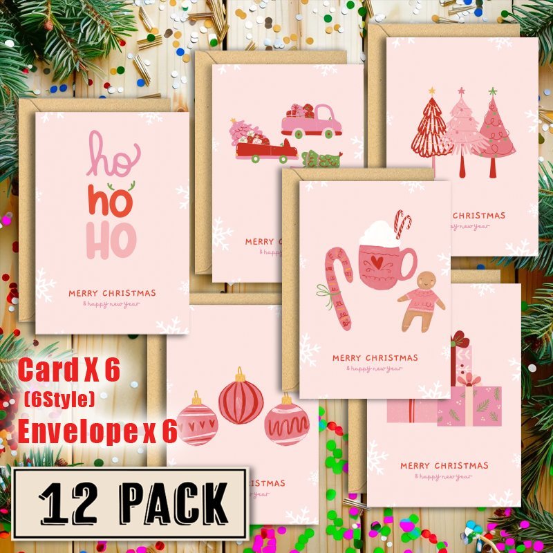 12pcs Pink Modern Christmas Greeting Cards With Envelopes - For Family, & Coworkers