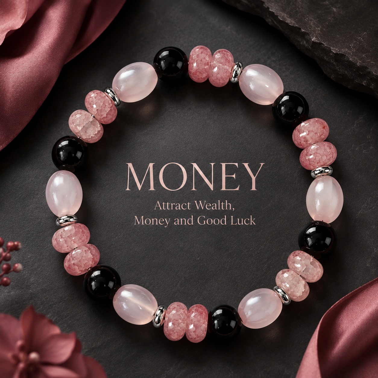 TEMU 1pc Natural Stone Beaded Bracelet, Handmade With Obsidian And Pink Stone, Featuring Ice-cracked Pink Abacus Beads And An Adjustable Design. This