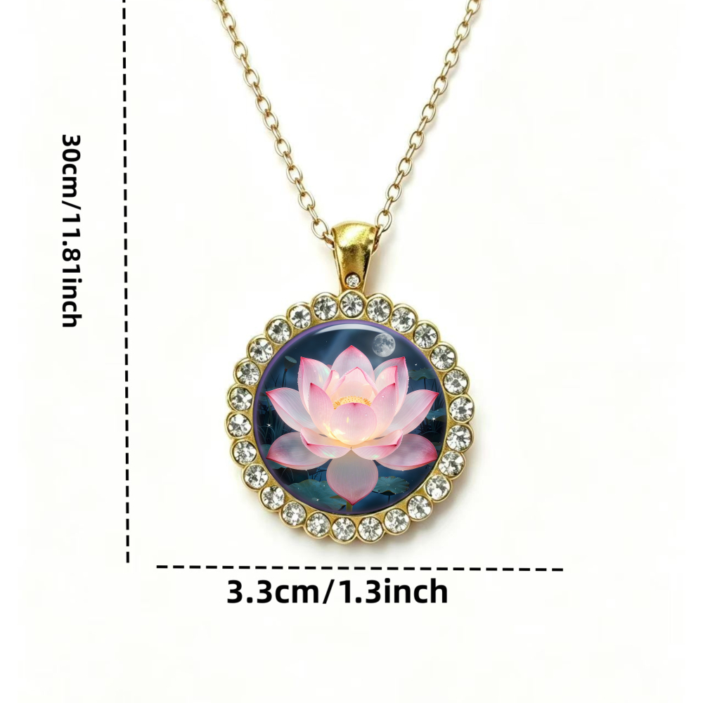 2D Design Pink Lotus on Blue Background Pendant Necklace