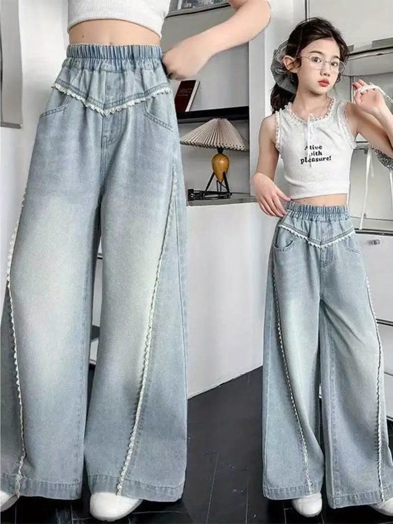 girls 2025 new wide leg loose fit denim overalls light wash blue distressed jeans with belt lace trim machine washable casual trousers for comfortable casual attire for older kids aged 7 sweet hem functional belt relaxed fit for school solid color denim pants with elastic waistband and cuffed cute jeans jeans shorts pantalon jeans Product details 0