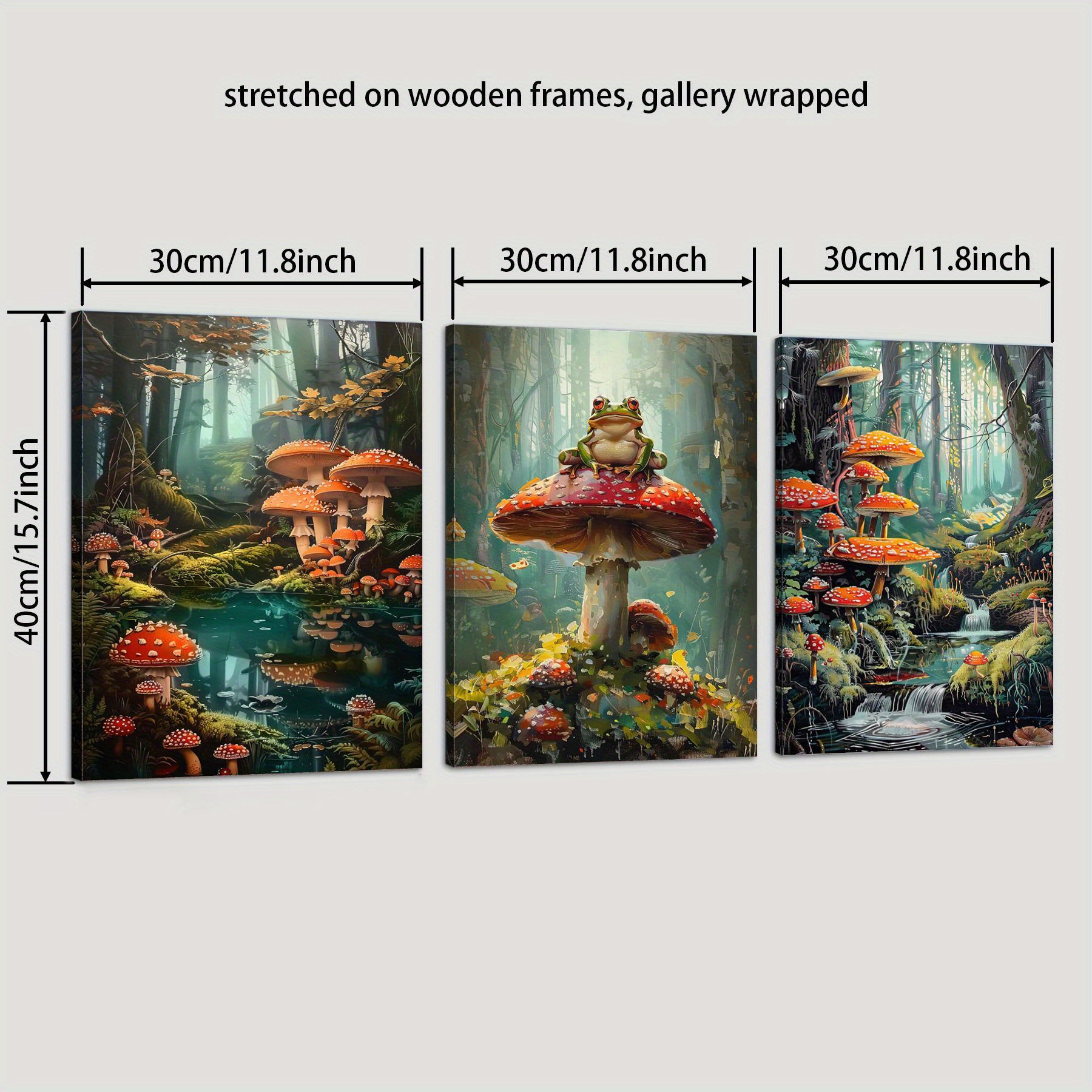 TEMU 2d Flat, Paintings, 3pcs And Fantasy Mushroom Canvas Wall Art - Vibrant Cartoon Style Decor With Wooden Frame, Perfect For Home And Office,
